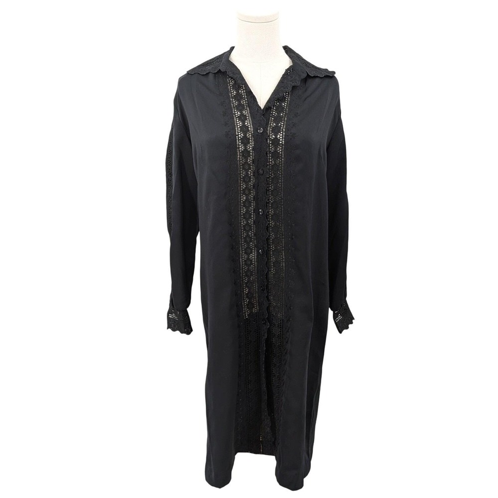 Vintage Black Lace Button Front Tunic‎ Dress Made USA Crochet Detail Long Sleeve